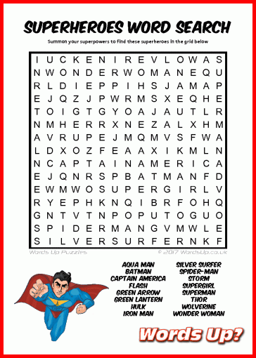 Words Up Superheroes Word Search