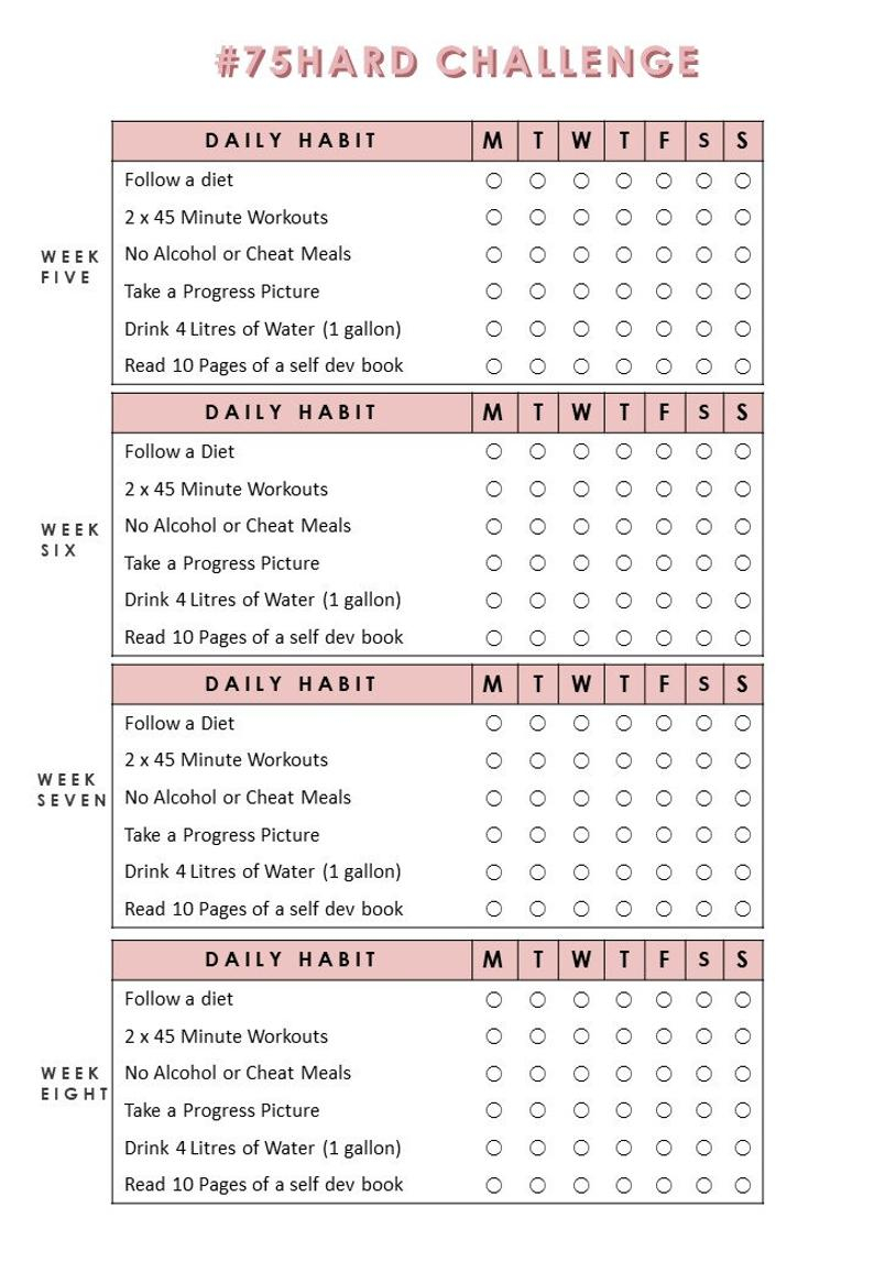 75 Hard Challenge Habit Tracker Printable Instant 