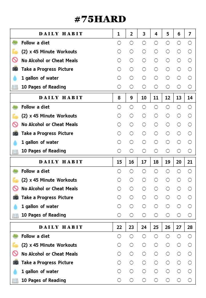 75 Hard Challenge Habit Tracker Printable Instant 