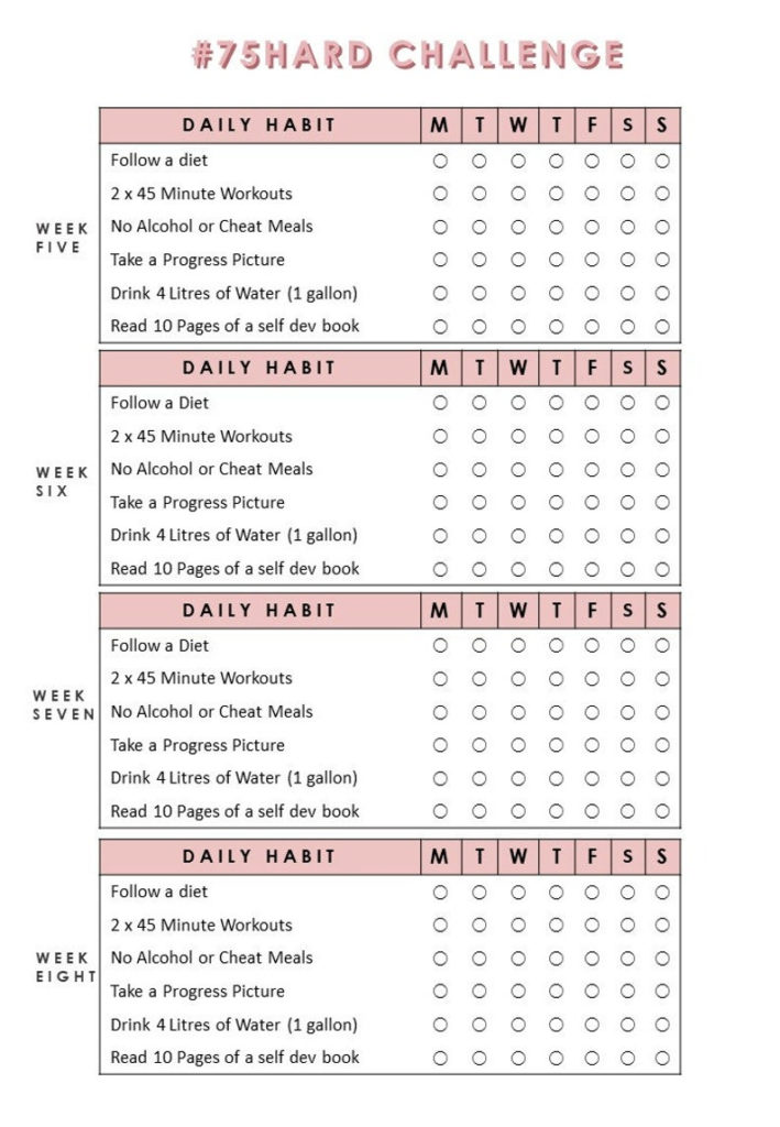 75 Hard Challenge Habit Tracker Printable Instant