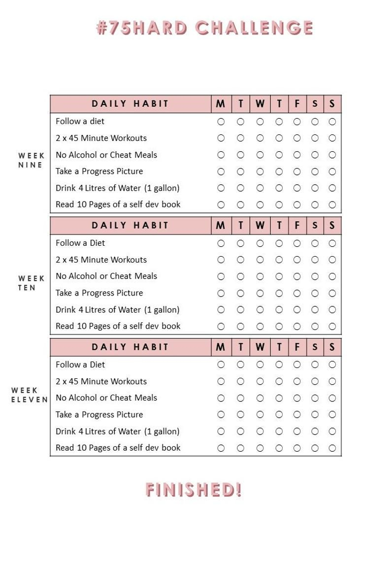 75 Hard Challenge Habit Tracker Printable Instant 