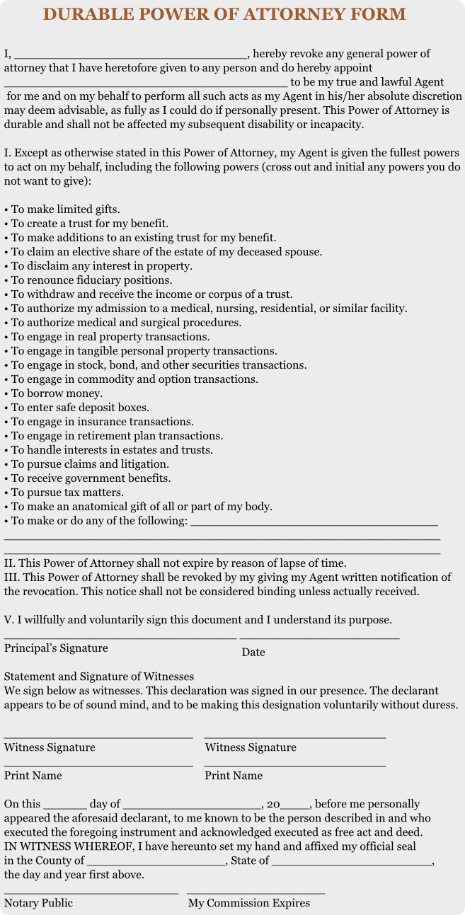 Adaptable Printable Durable Power Of Attorney Forms Roy Blog