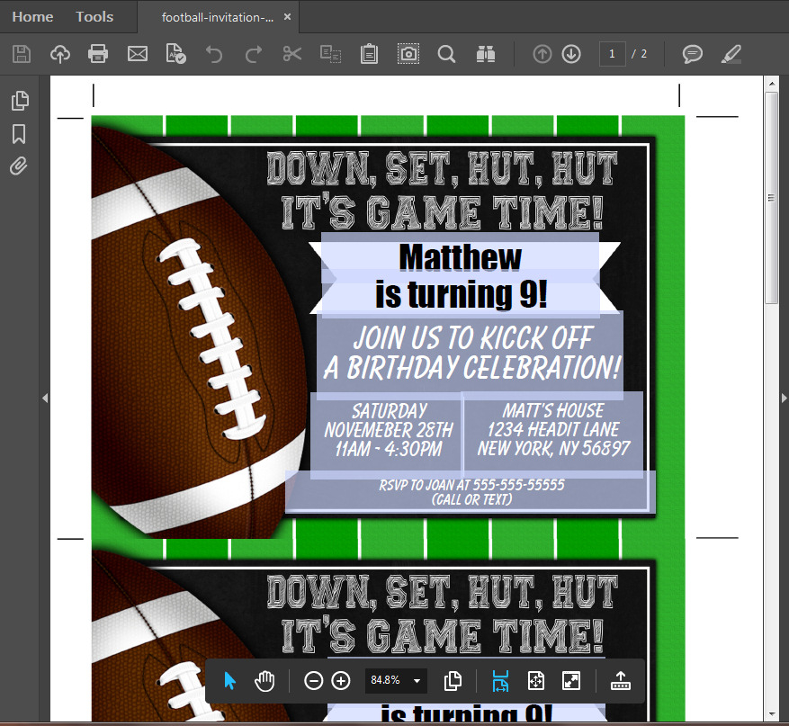 Football Party Invitation Printable Digital Download 