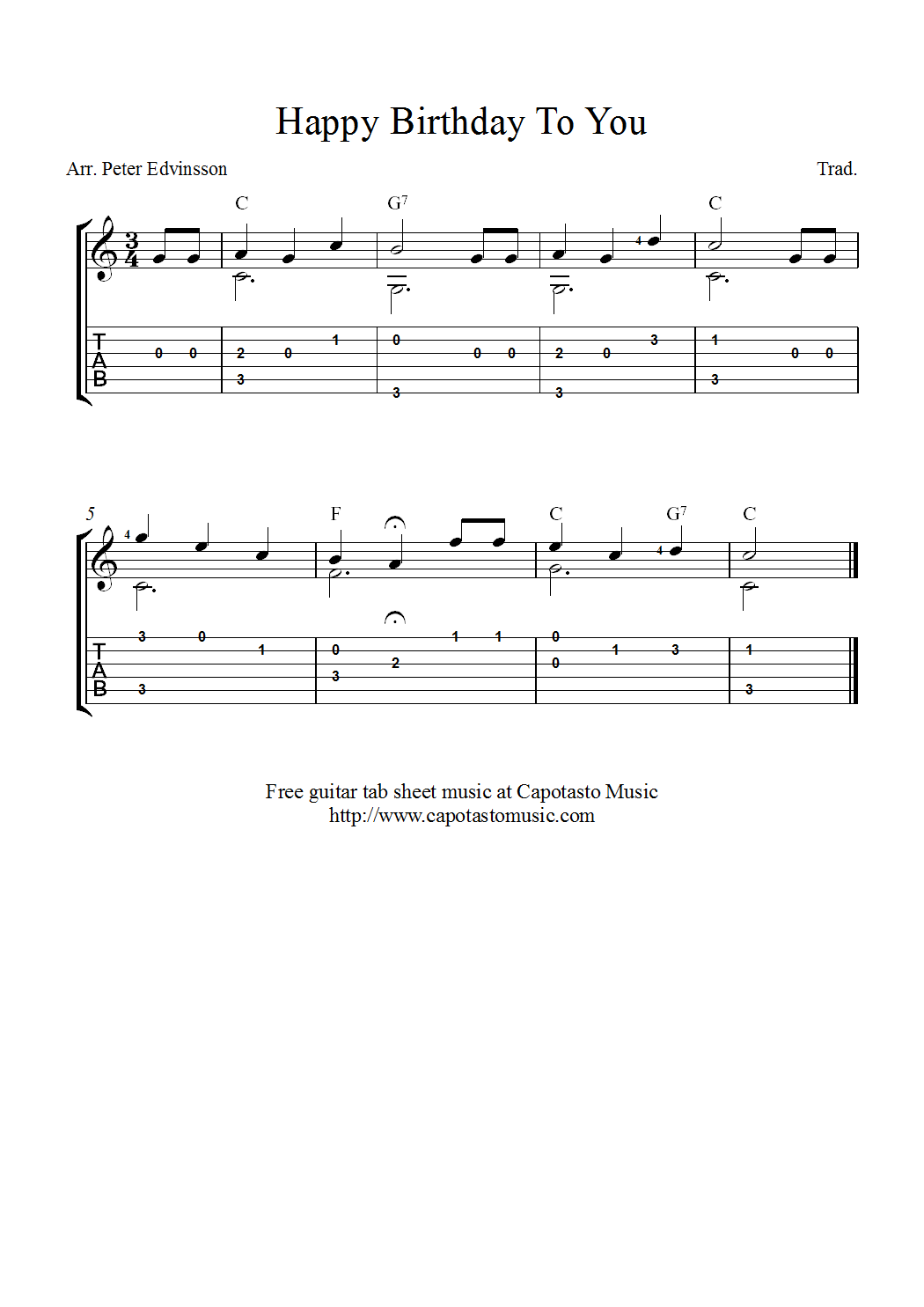 Free Guitar Tablature Sheet Music Happy Birthday To You 