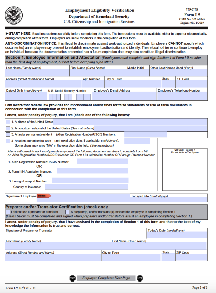 USCIS FORM I 9 Employment Eligibility Verification 