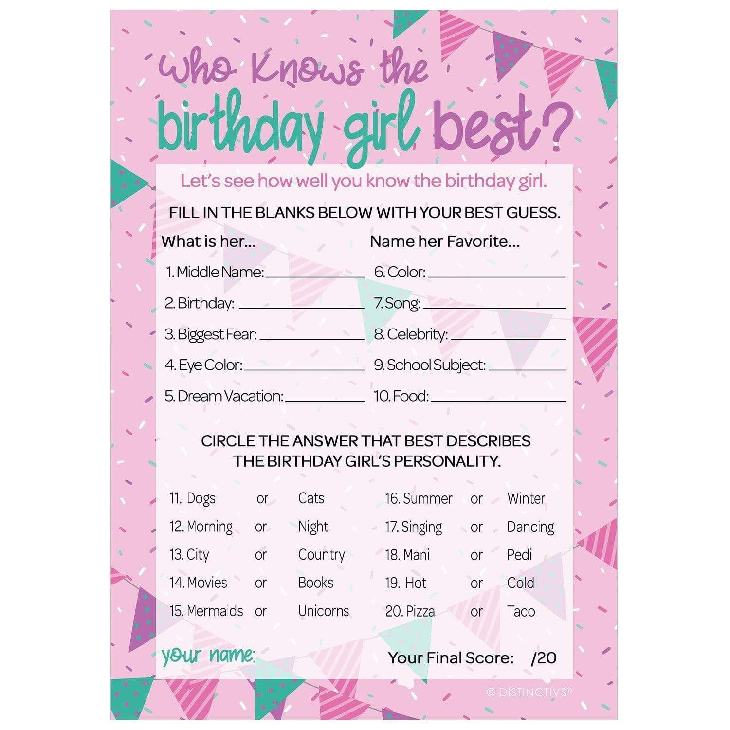 Who Knows The Birthday Girl Best Game 10 Player Cards 