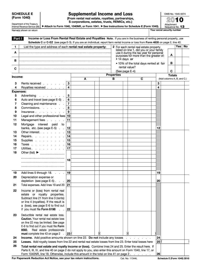 2010 Form IRS 1040 Schedule E Fill Online Printable 