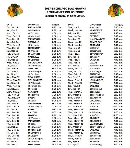 2017 18 Blackhawks Regular Season Schedule Released 