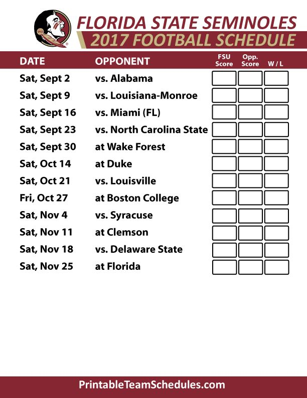 2017 Florida State Seminoles Football Printable Schedule 