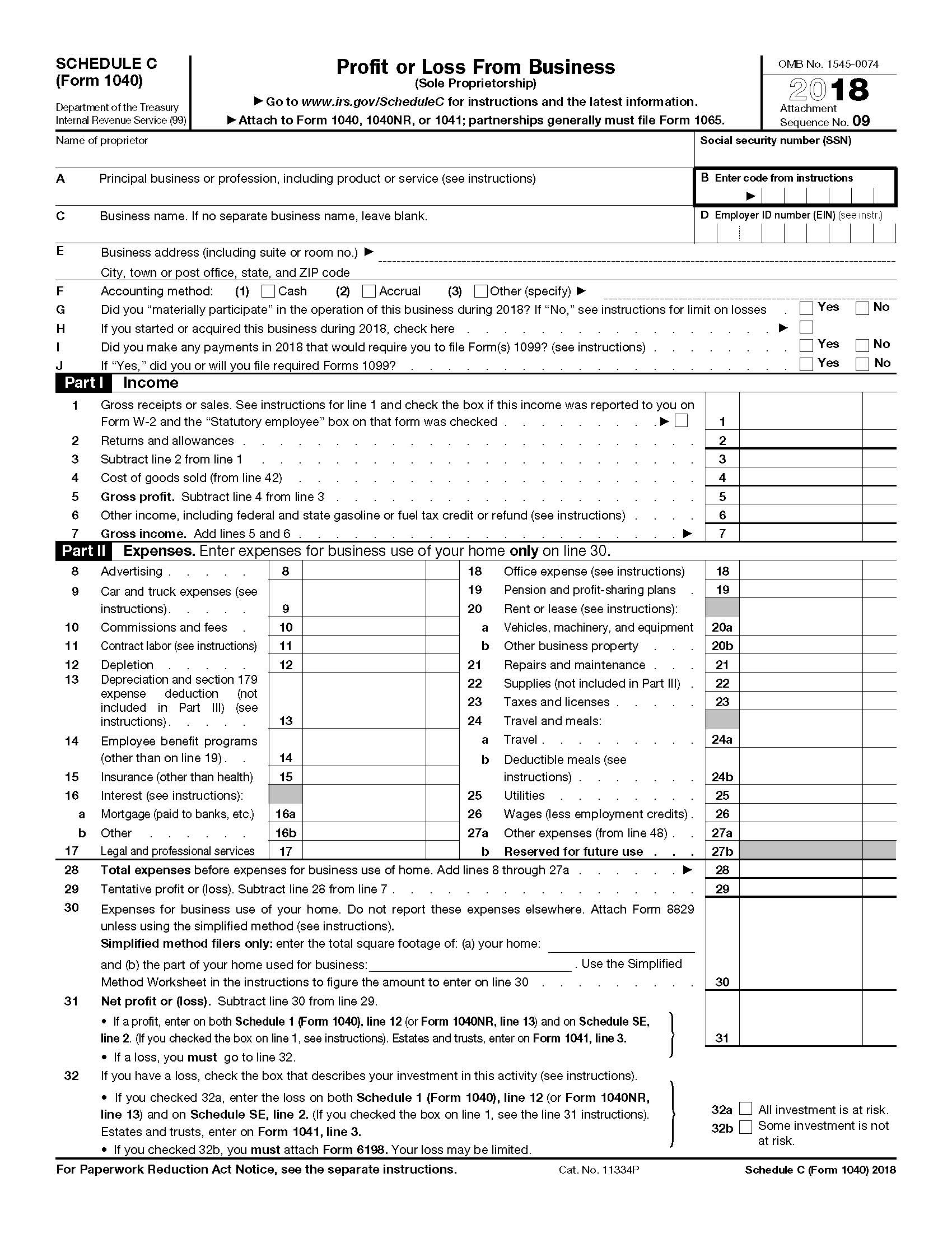 2018 IRS Tax Forms 1040 Schedule C Profit Or Loss From
