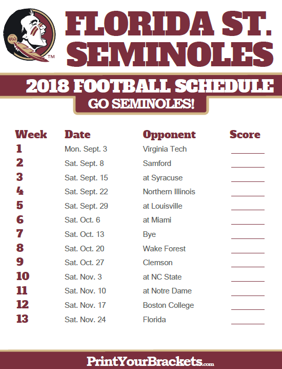 2018 Printable Florida State Seminoles Football Schedule 