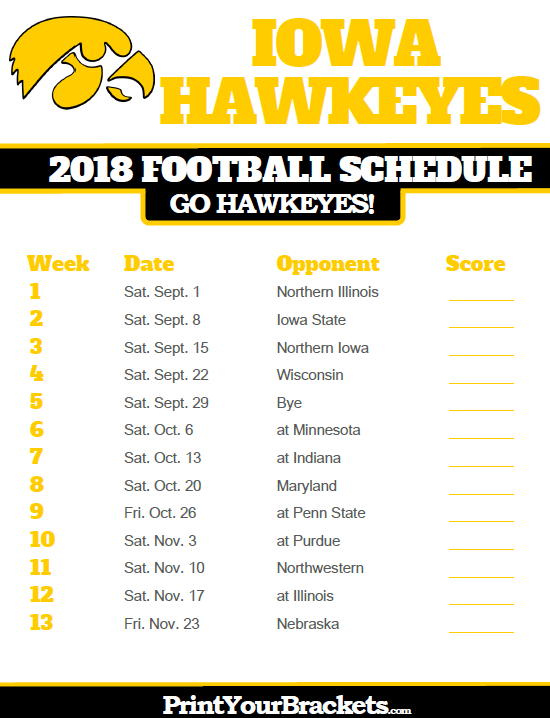 2018 Printable Iowa Hawkeyes Football Schedule Iowa Hawkeyes