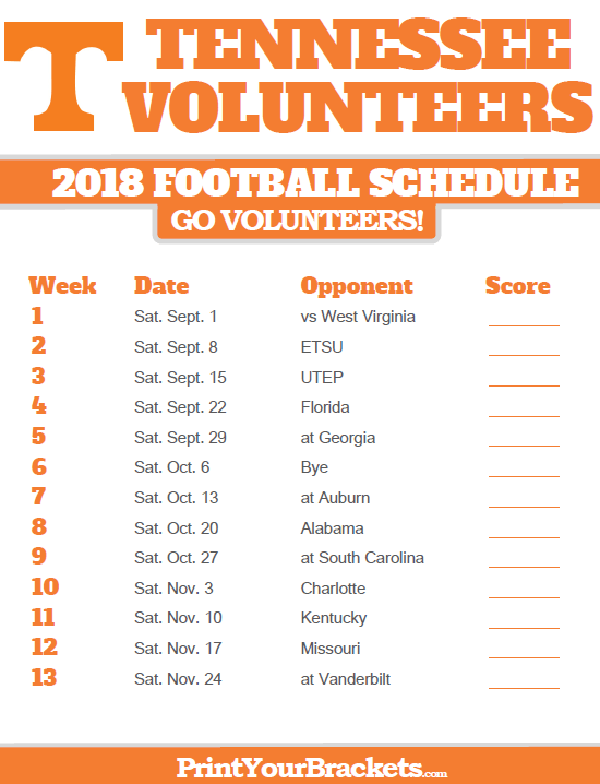 2018 Printable Tennessee Volunteers Football Schedule 
