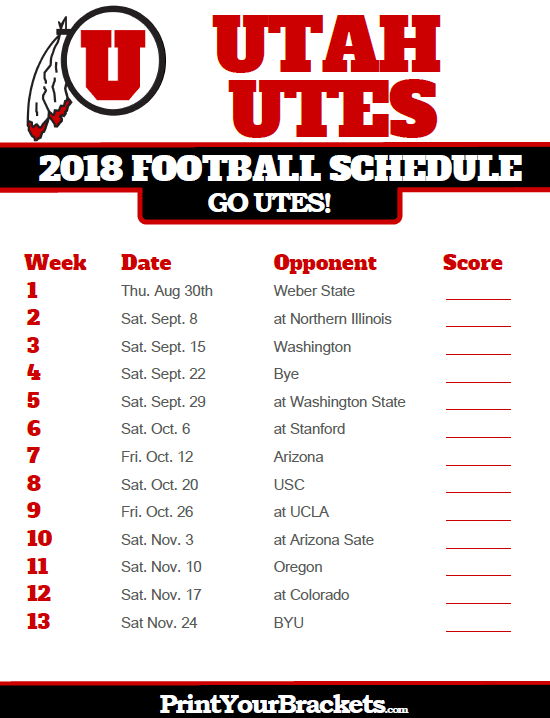 2018 Printable Utah Utes Football Schedule Utah Utes 