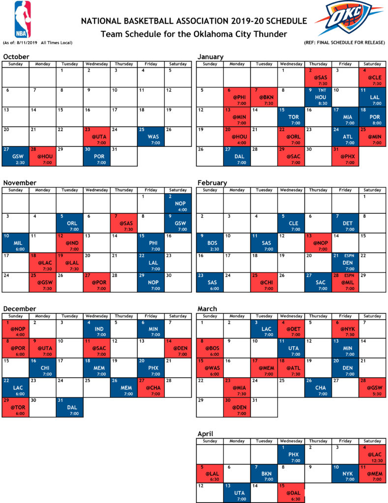 Okc Thunder Schedule 2021 2022 Printable