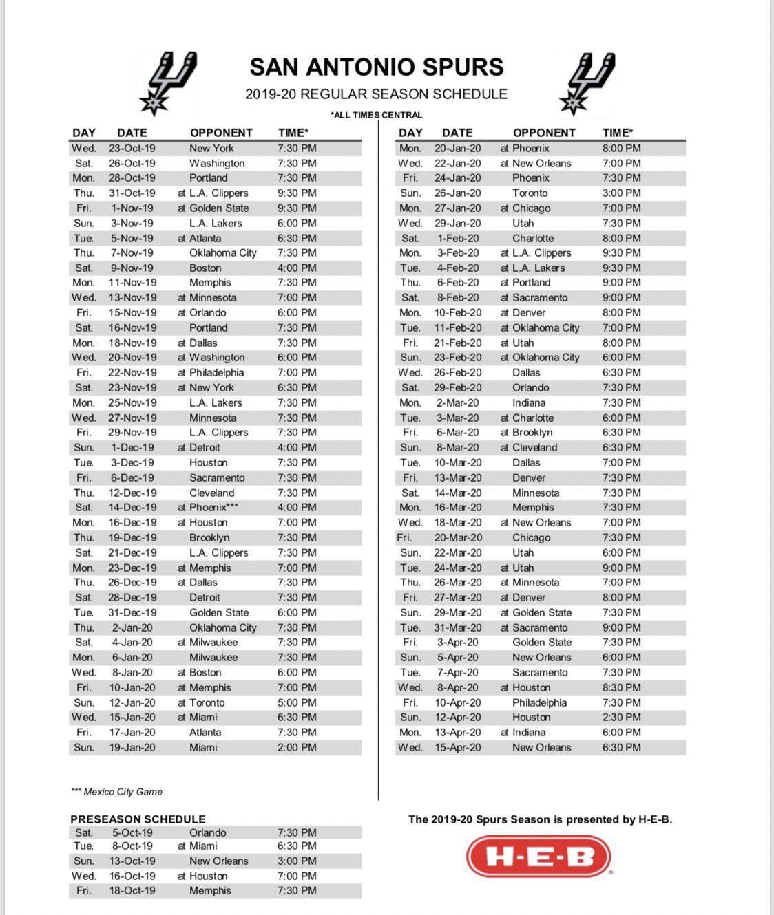 2019 2020 Spurs Schedule NBASpurs