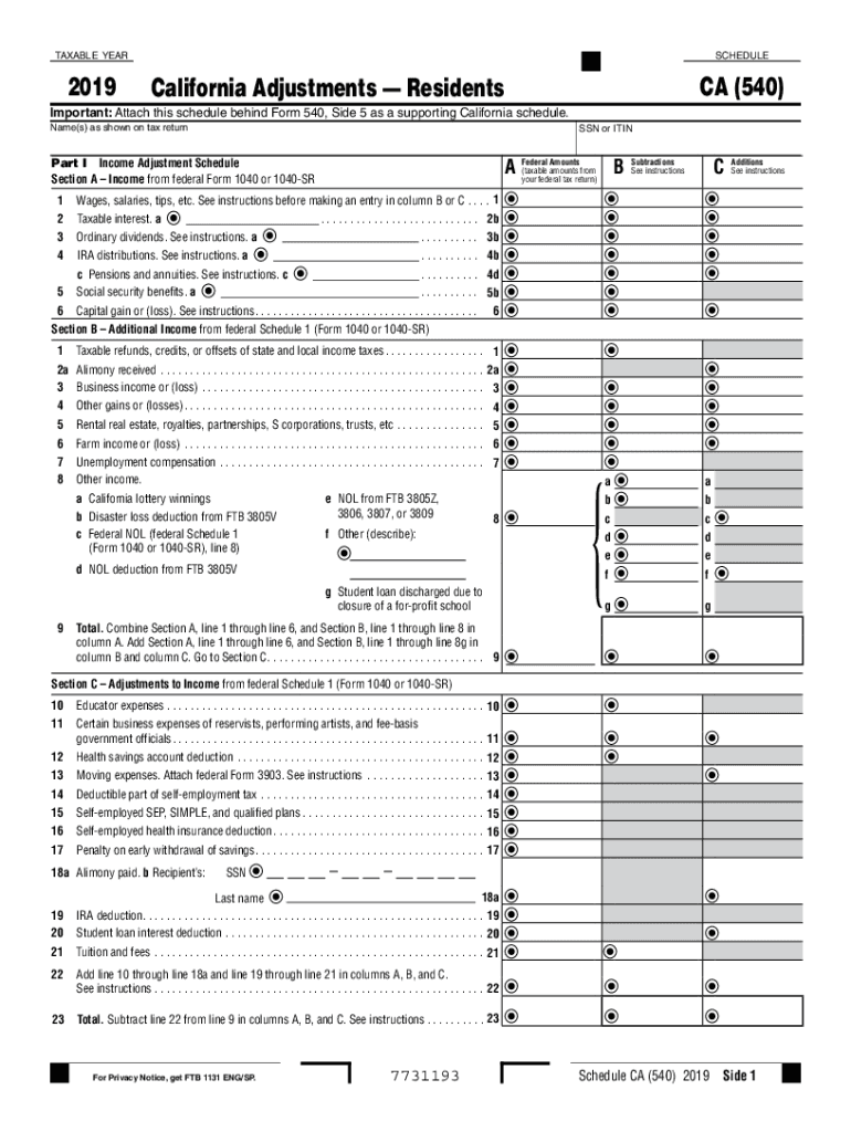 2019 Form CA FTB Schedule CA 540 Fill Online Printable 
