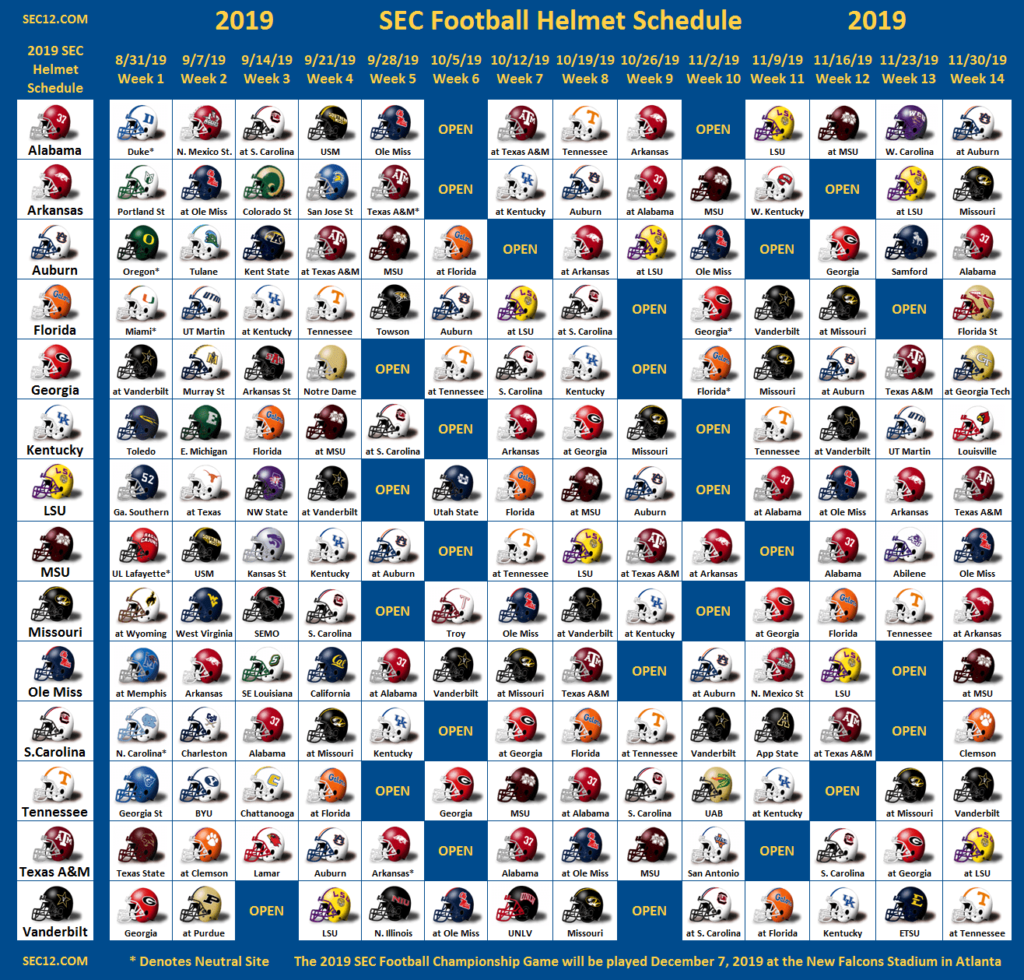 2019 SEC Helmet Schedule