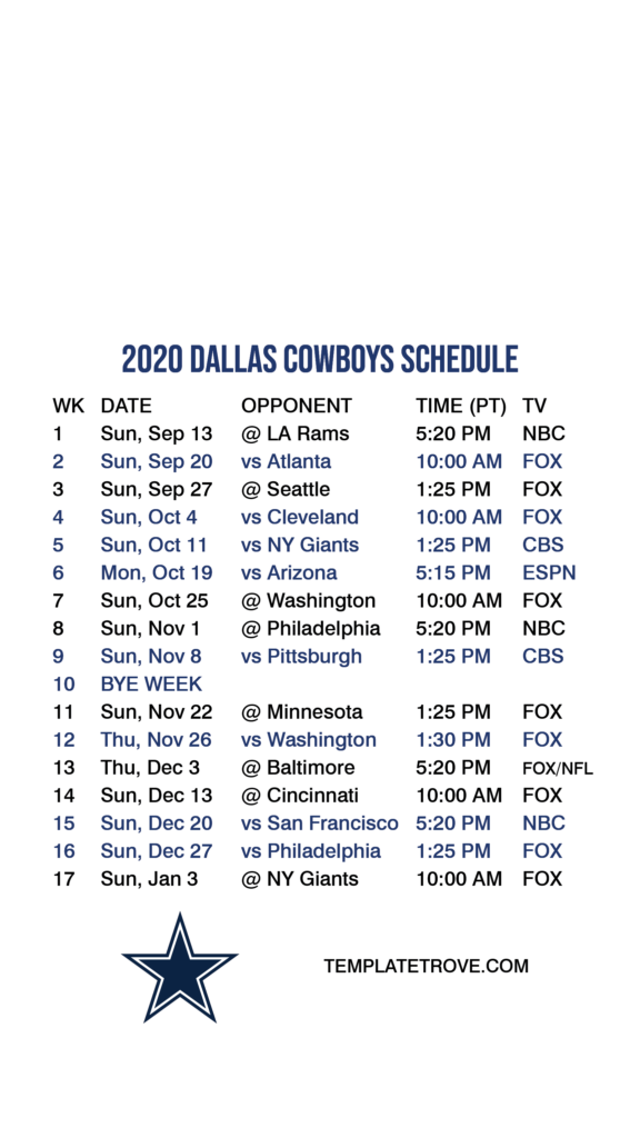 2020 2021 Dallas Cowboys Lock Screen Schedule For IPhone 6