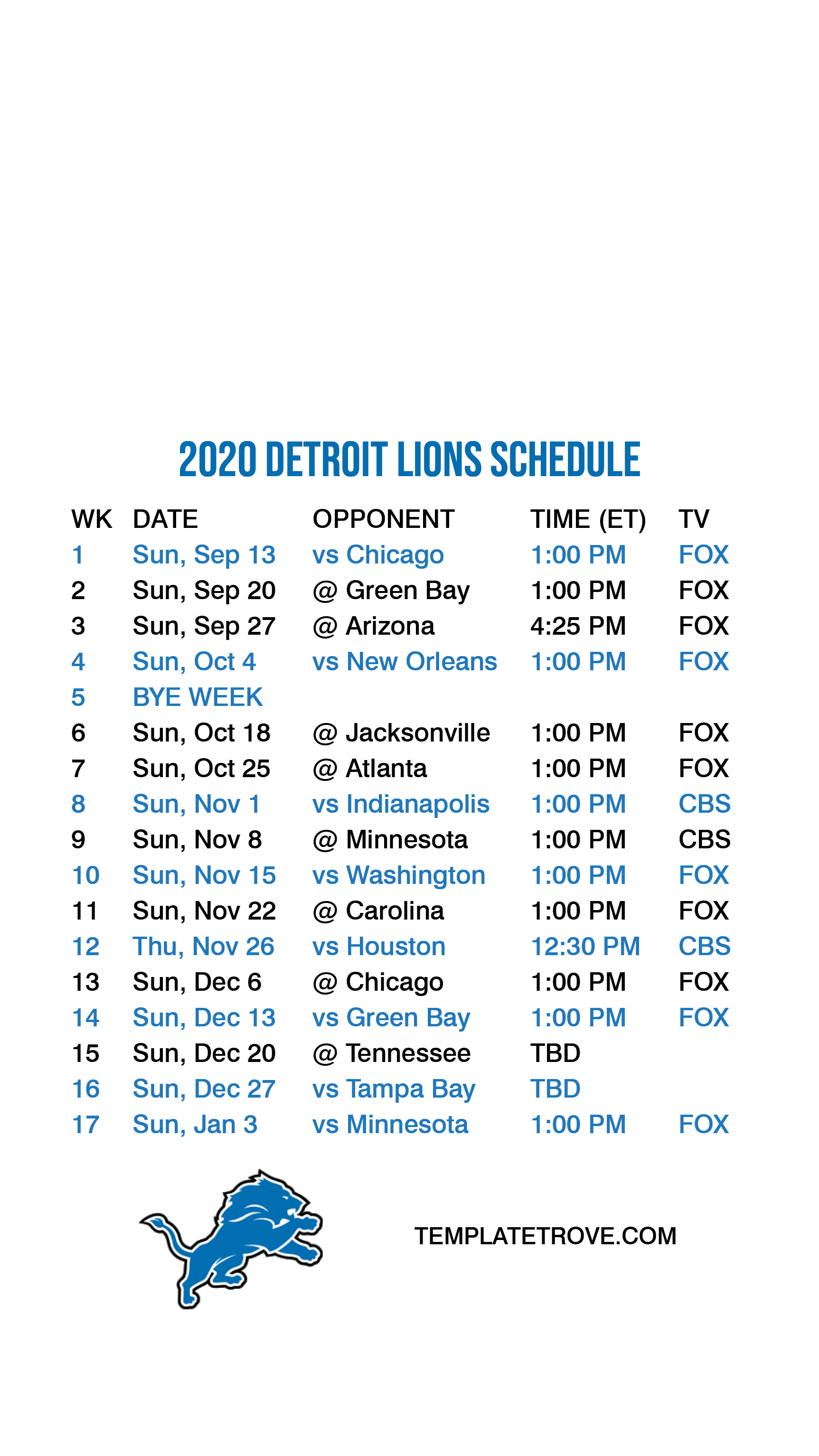 Detroit Lions Printable Schedule 2021