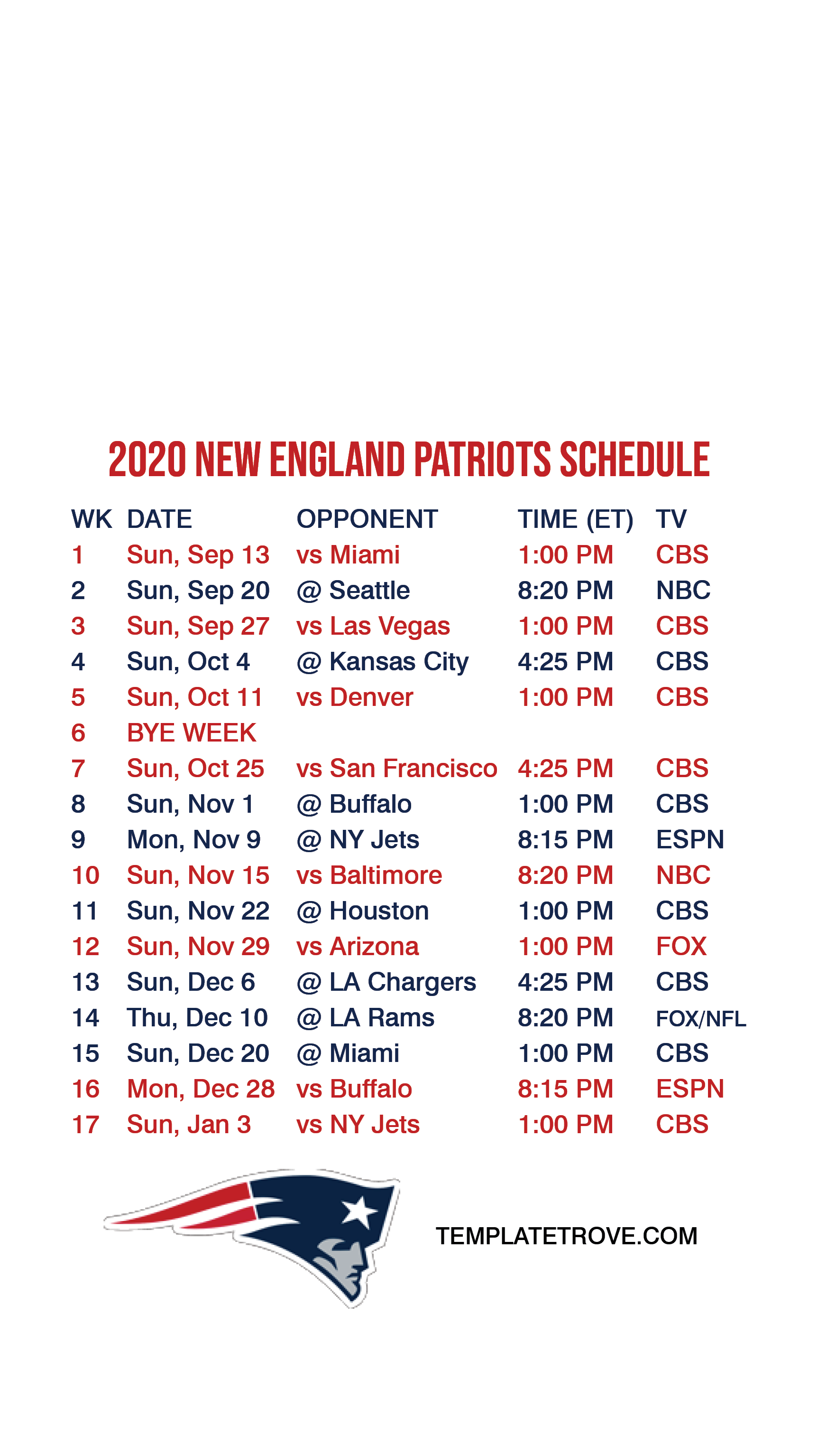 Printable New England Patriots Schedule