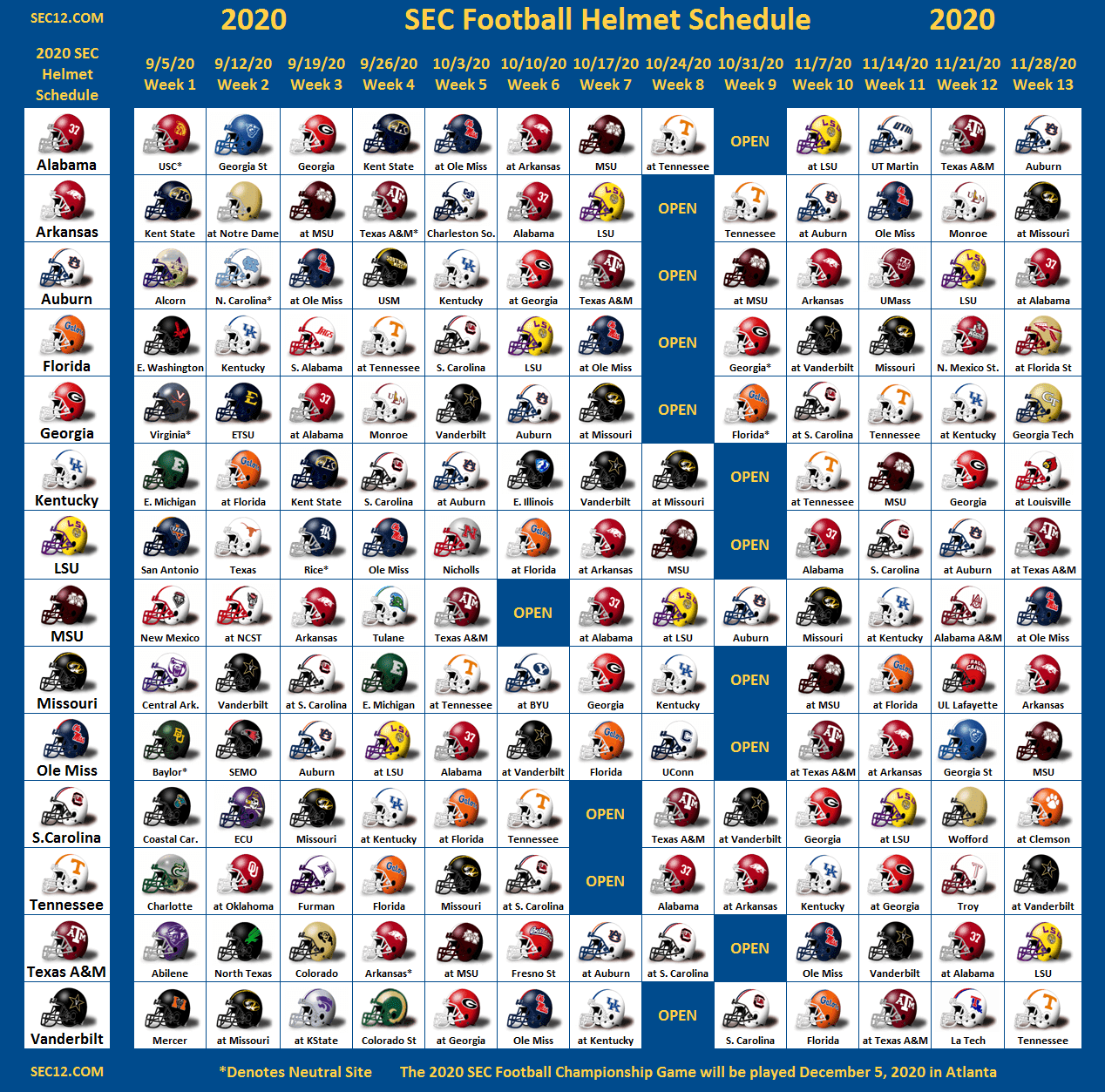 2020 SEC Football Helmet Schedule SEC12 SEC Football