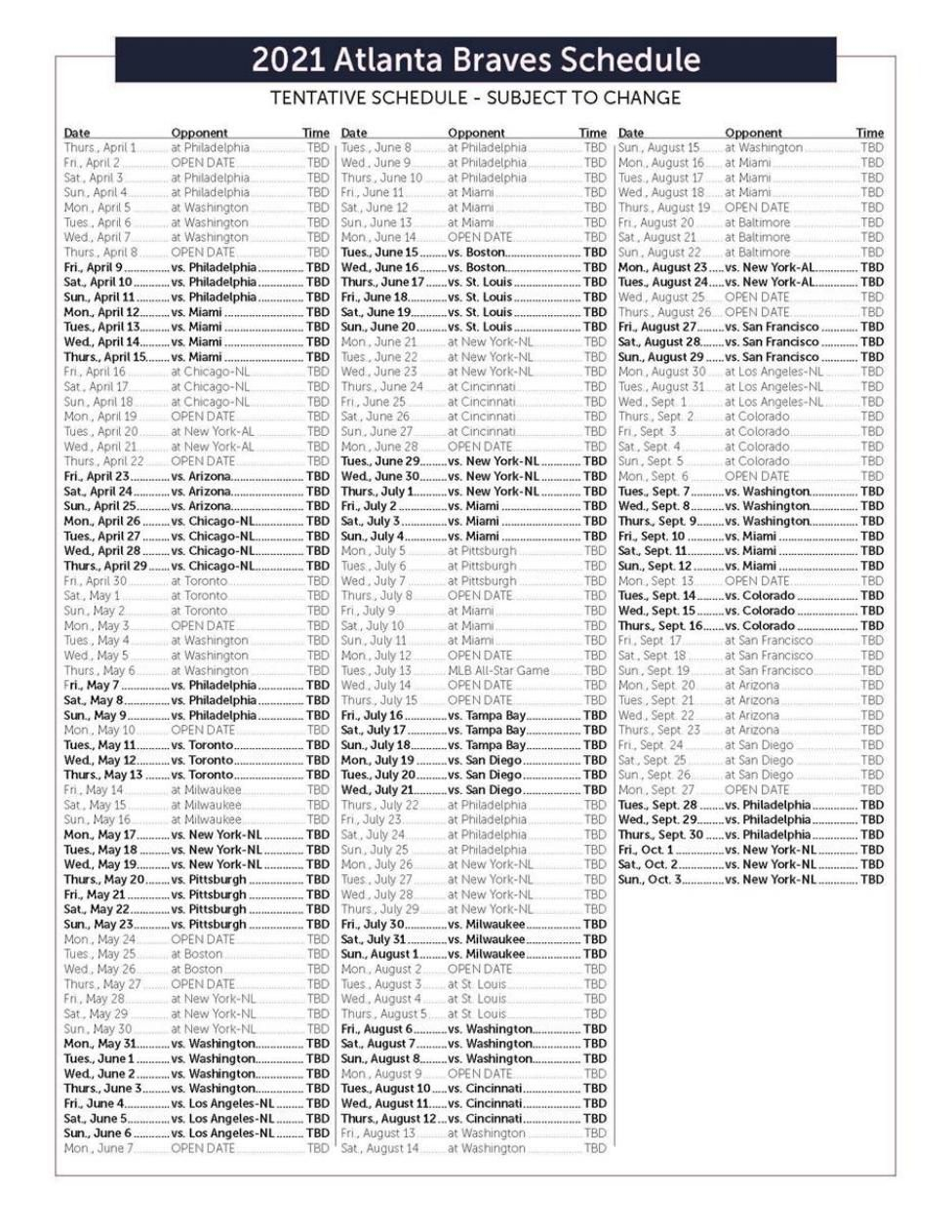 2021 Atlanta Braves Schedule The Atlanta Braves Report 