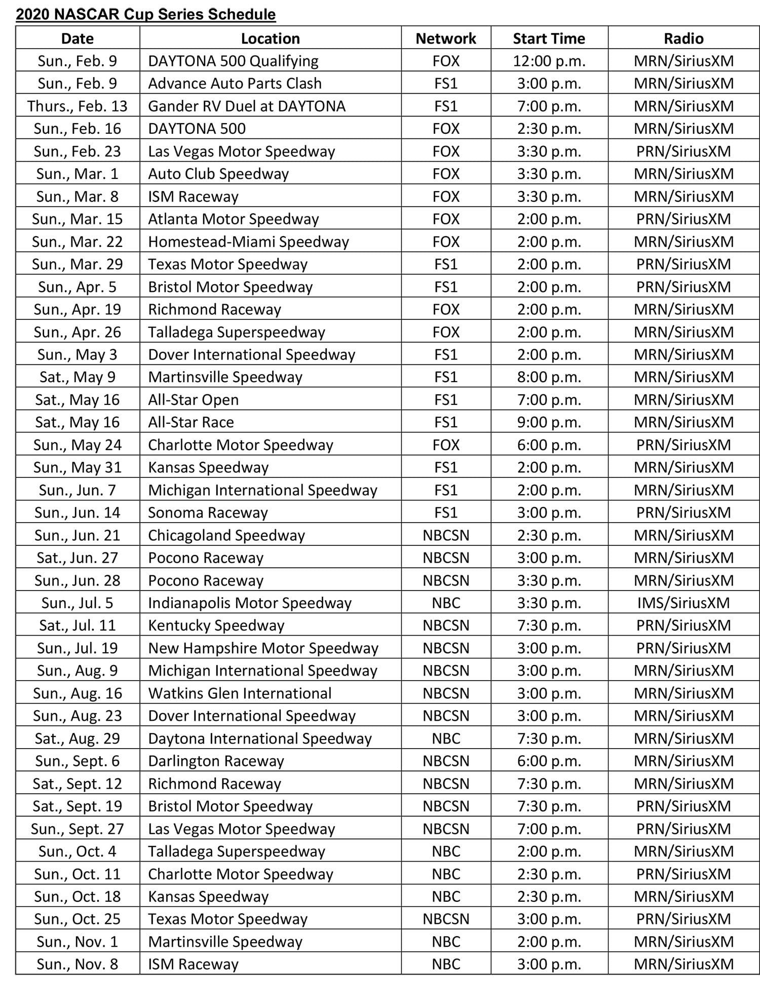 2021 Nascar Xfinity Schedule Printable