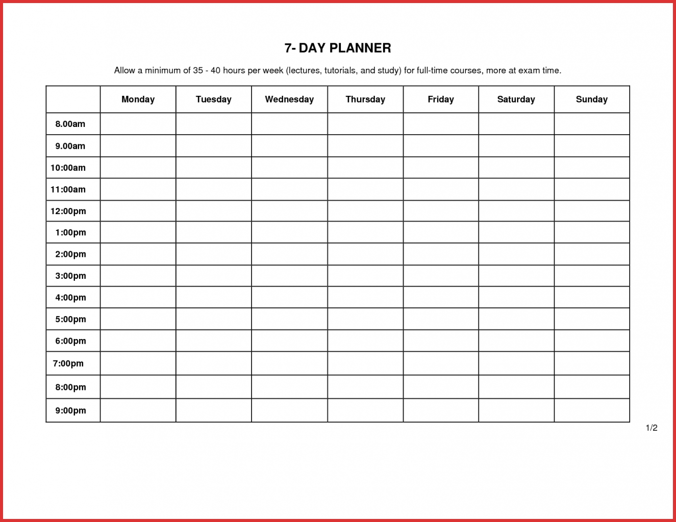 7 Day Weekly Planner Template Printable Calendar 