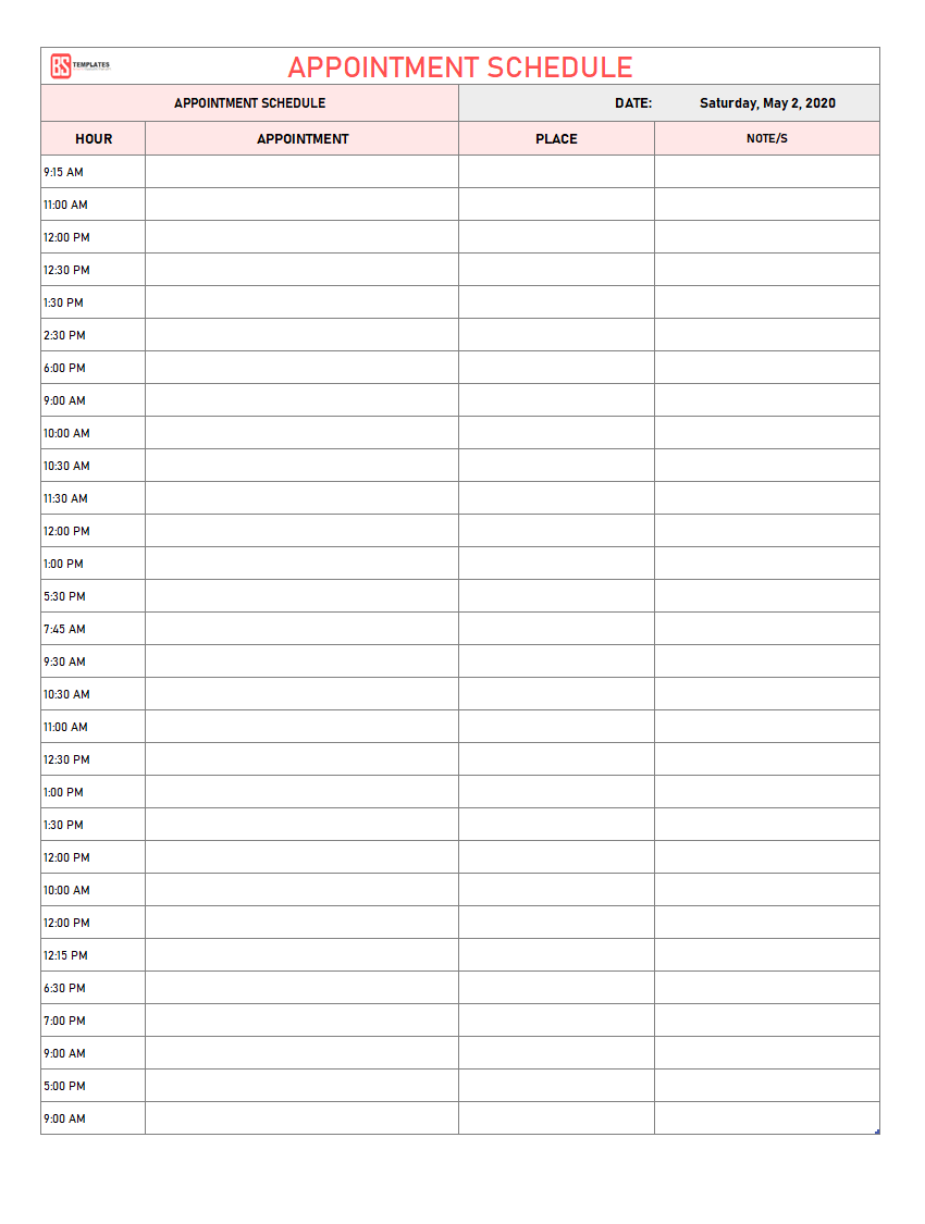 Appointment Schedule Template For Excel Daily Weekly