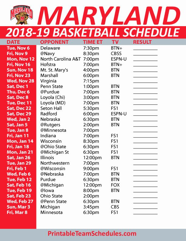 Basketball Schedule Template New Printable Maryland 