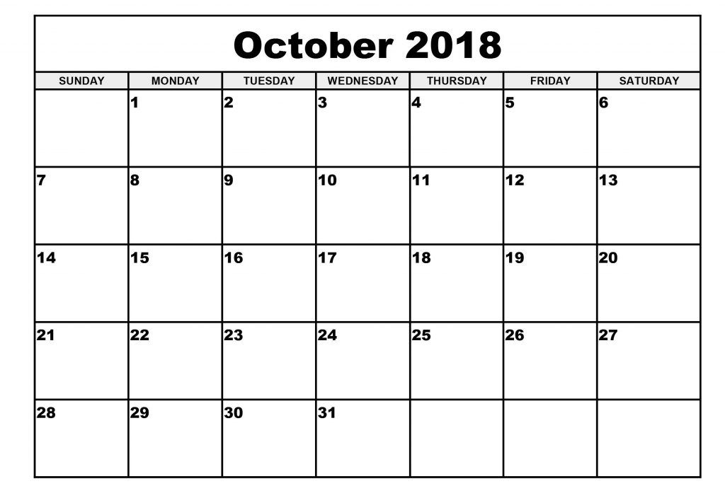Blank Calendar October 2018 Schedule Monthly Calendar 