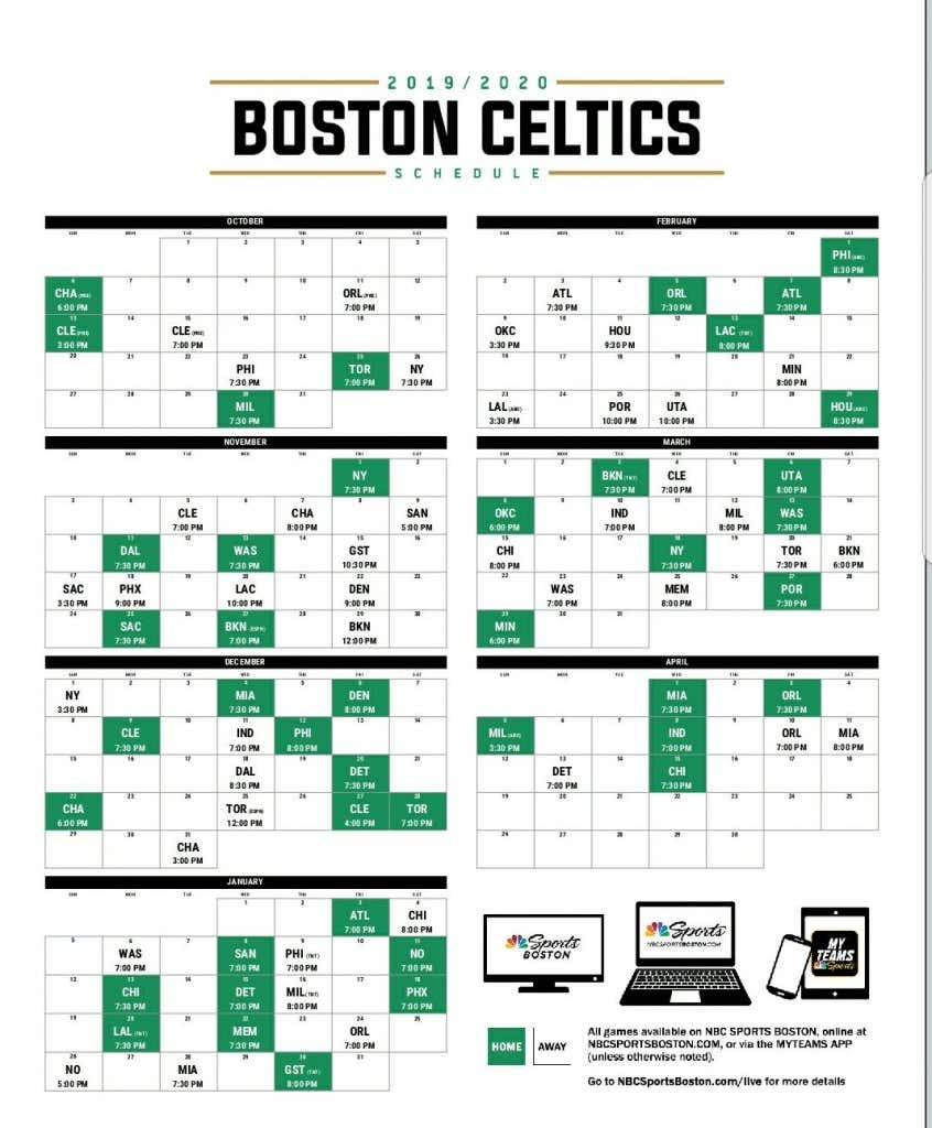 Boston Celtics Schedule 2019 20 Printable TUTORE ORG 