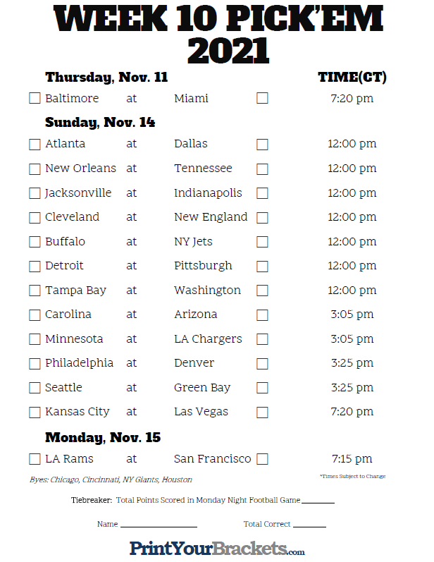 Central Time Week 10 NFL Schedule 2020 Printable