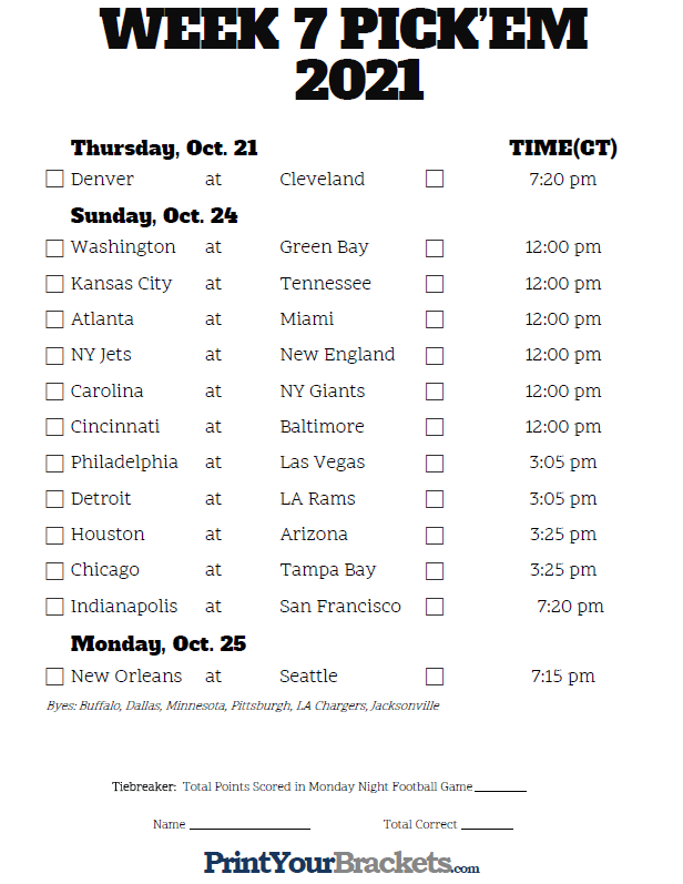 Central Time Week 7 NFL Schedule 2020 Printable