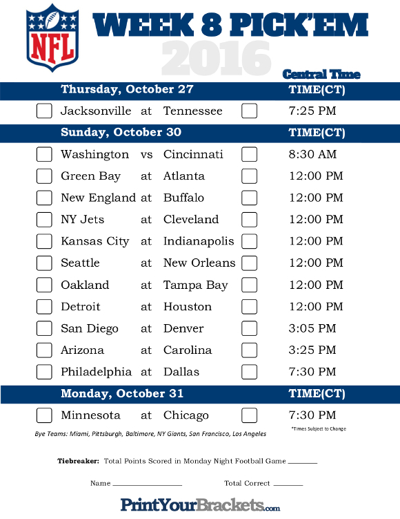 Central Time Week 8 NFL Schedule 2016 Printable