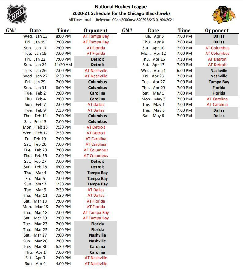 Chicago Blackhawks 2021 NHL Season Schedule Start Times 