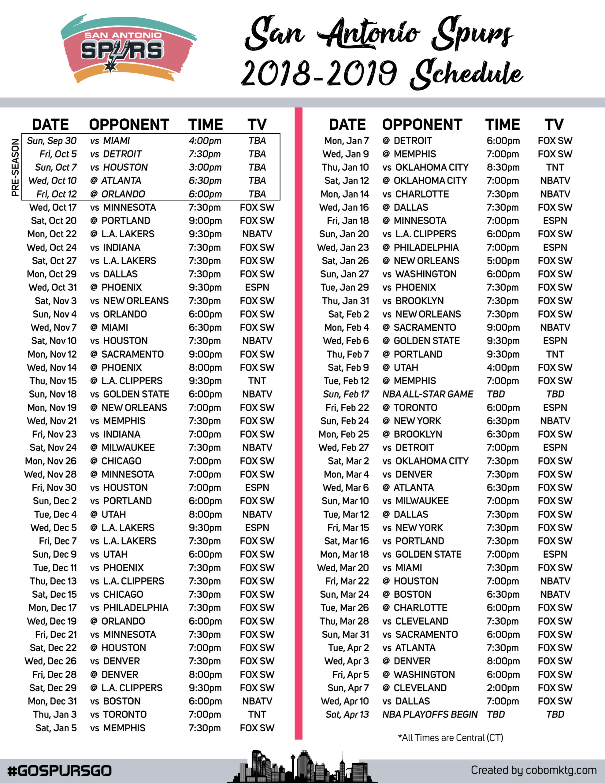 Cody Box 2018 2019 San Antonio Spurs Printable Schedule