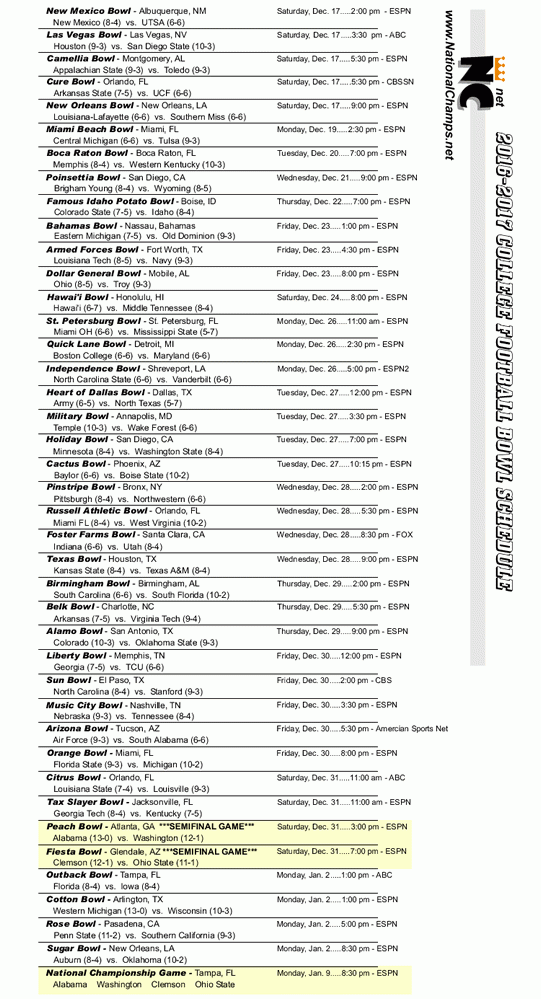College Football Bowl Games Schedule Printable