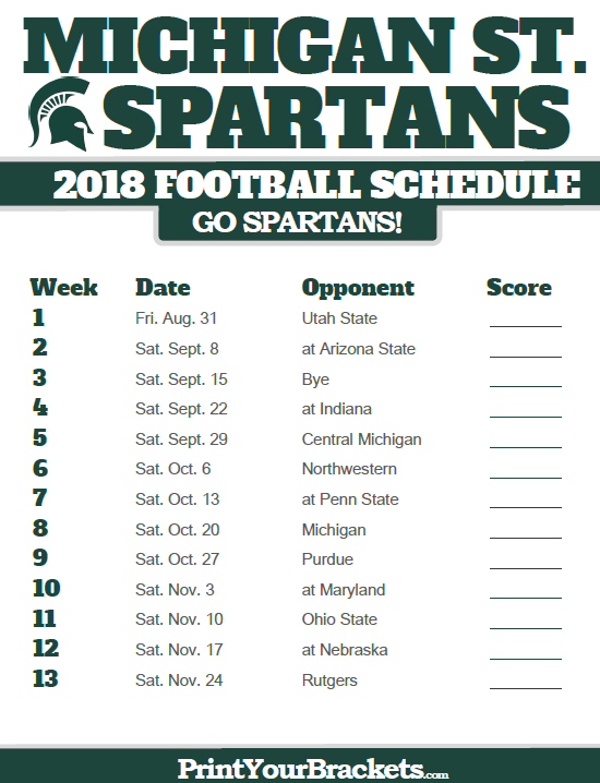Michigan State Football Printable Schedule