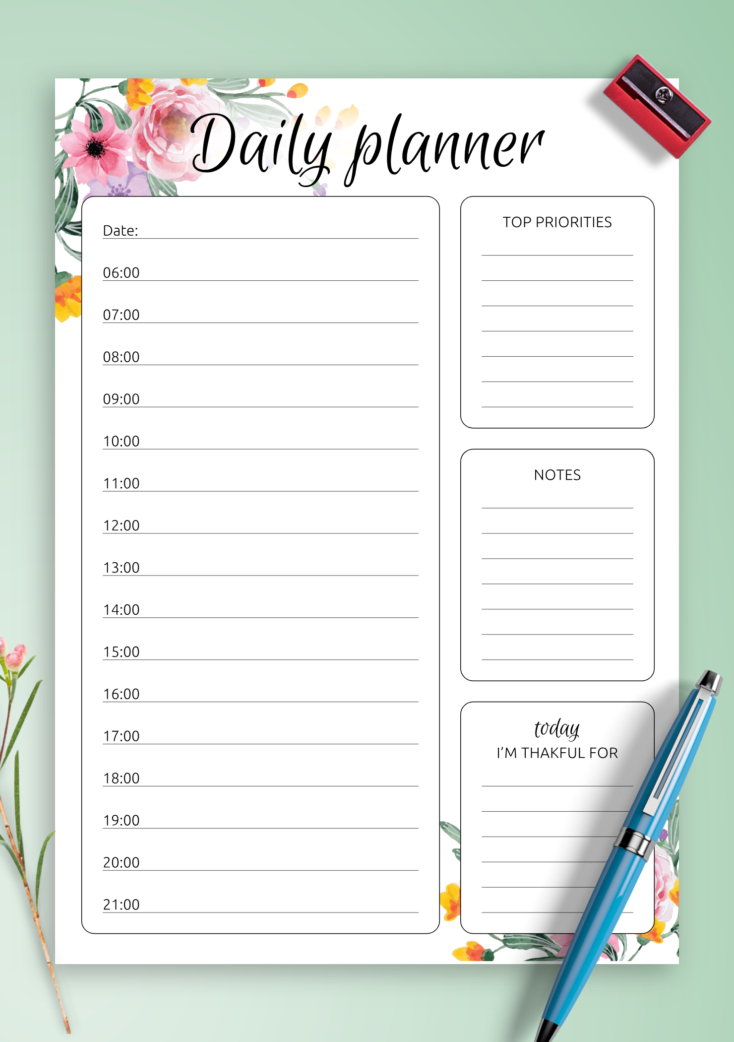 Daily Hourly Planner With Floral Pattern Printable PDF 