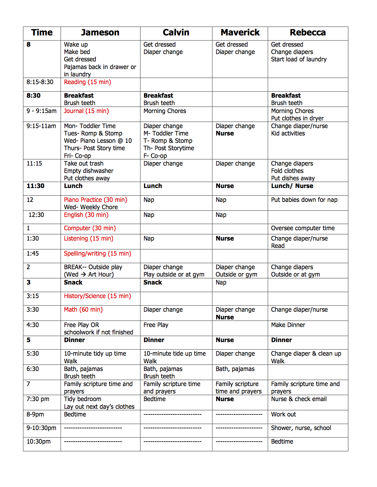 Daily Schedule For 6 Year Old Planner Template Free