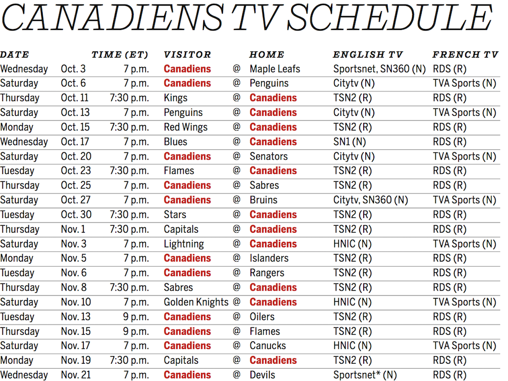 Download A Printable TV Schedule For The Canadiens 2018