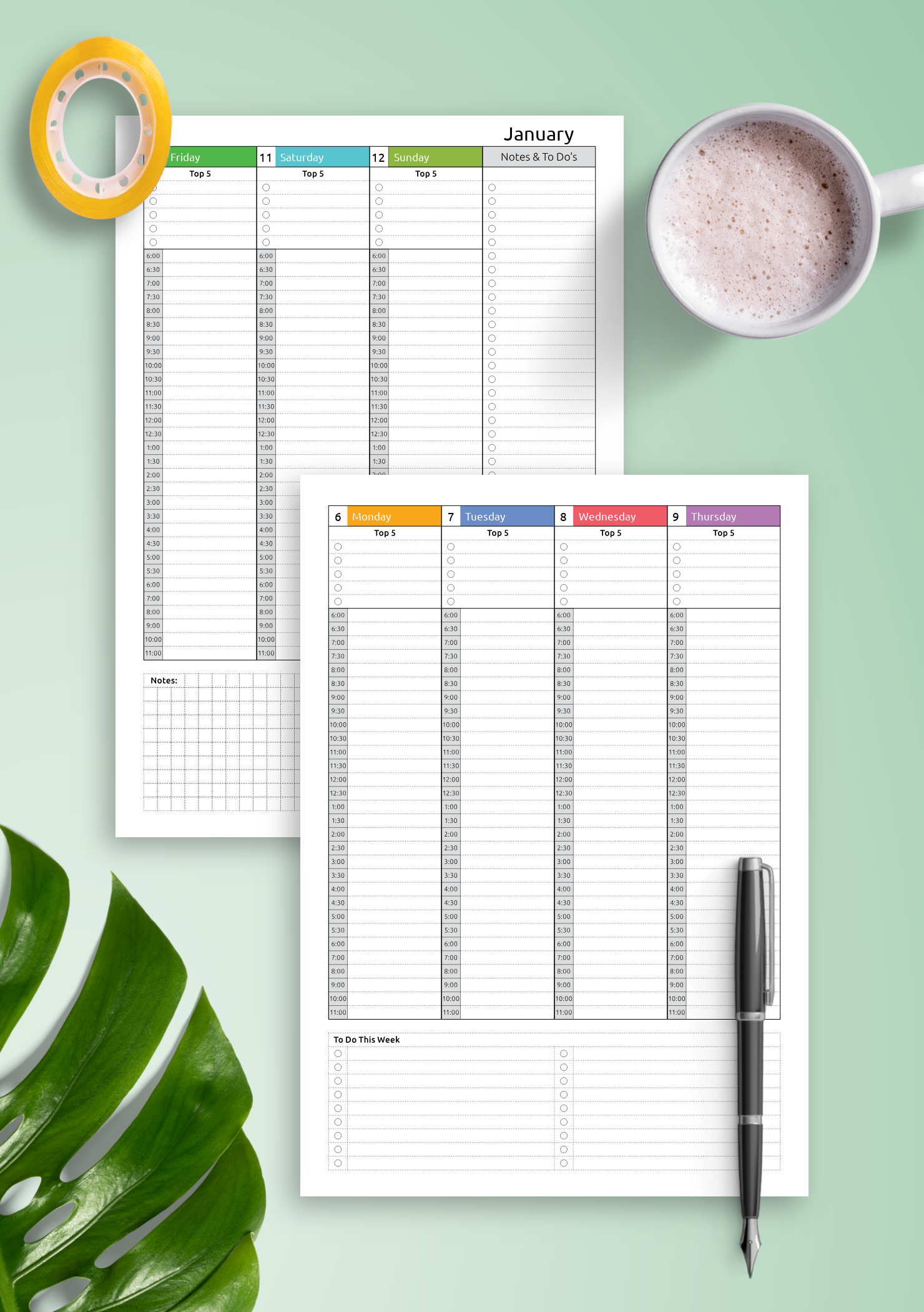 Download Printable Colored Weekly Hourly Planner Dated PDF