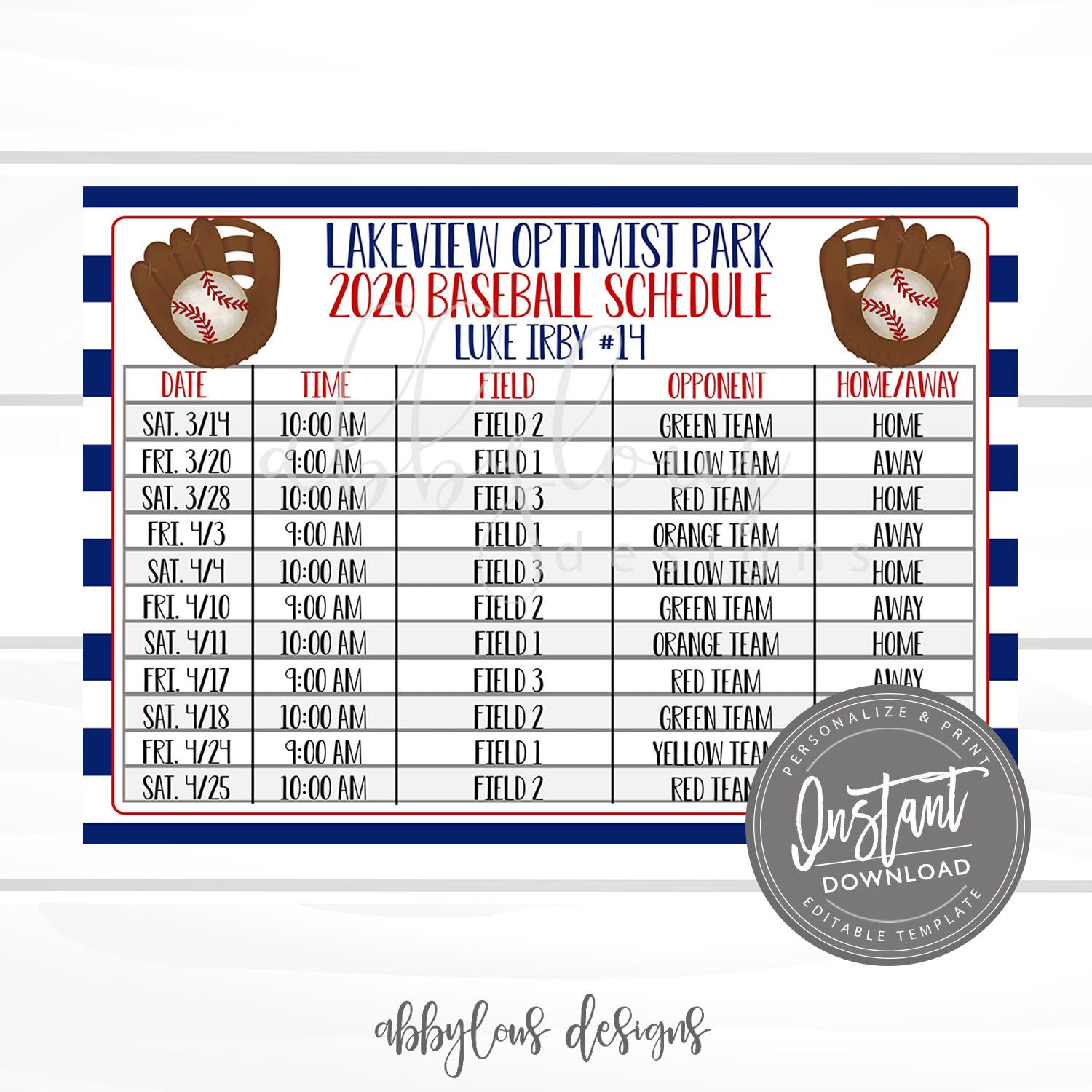 EDITABLE Baseball Game Schedule Printable Practice 