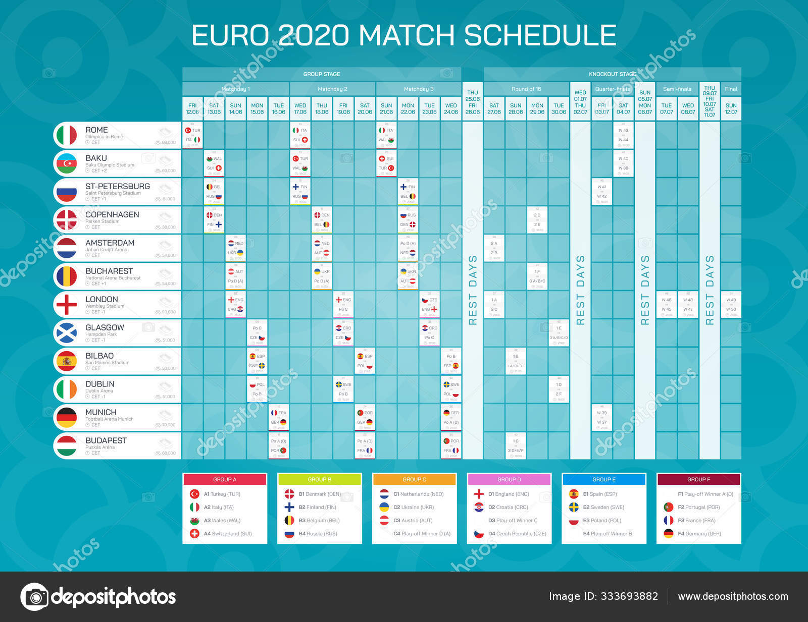 Euro 2020 Matchschema Med Flaggor Euro 2020 Fotboll 