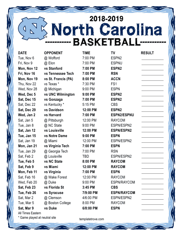 Exceptional Unc Basketball Schedule Printable Vargas Blog