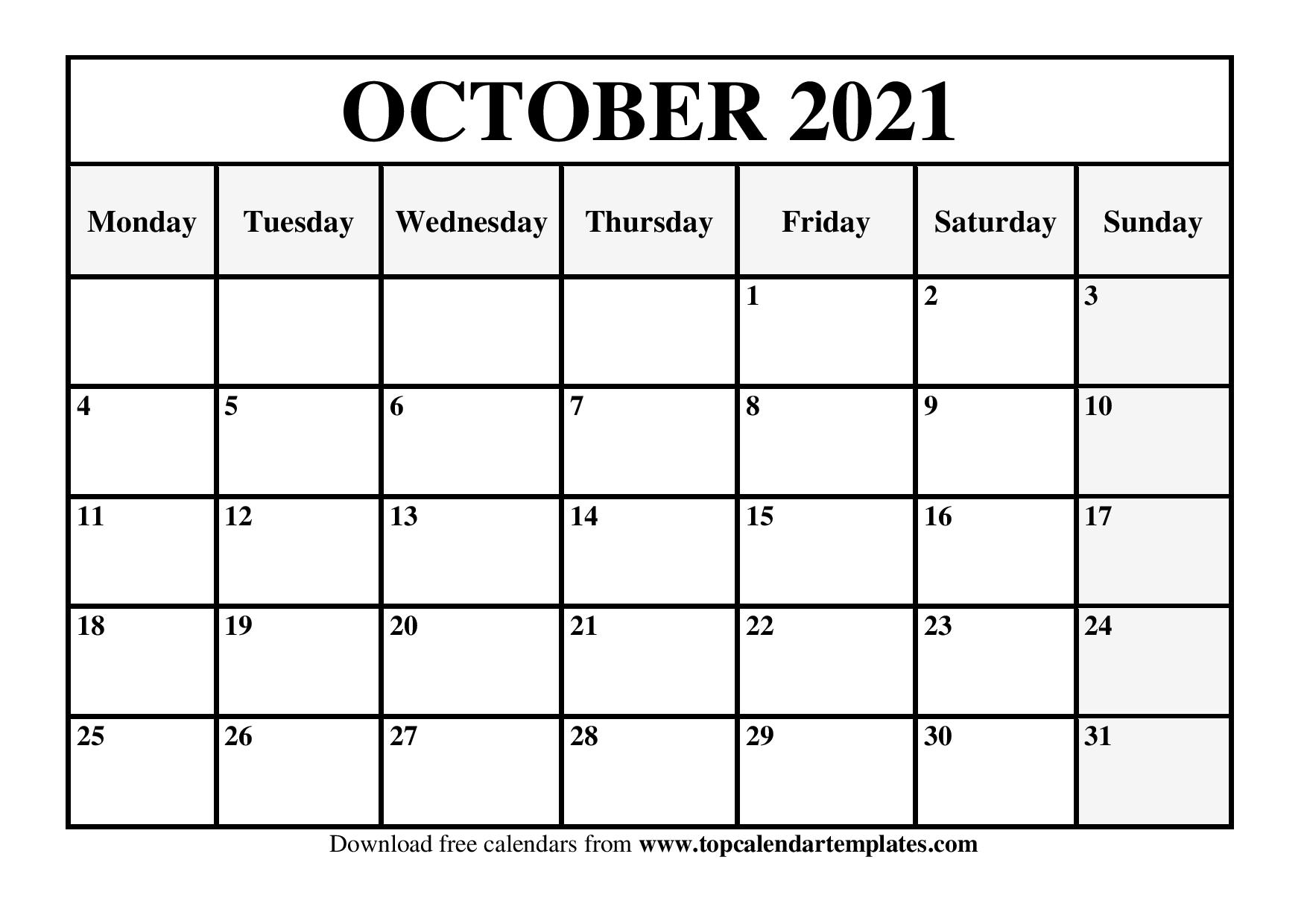 Free October 2021 Calendar Printable Blank Templates