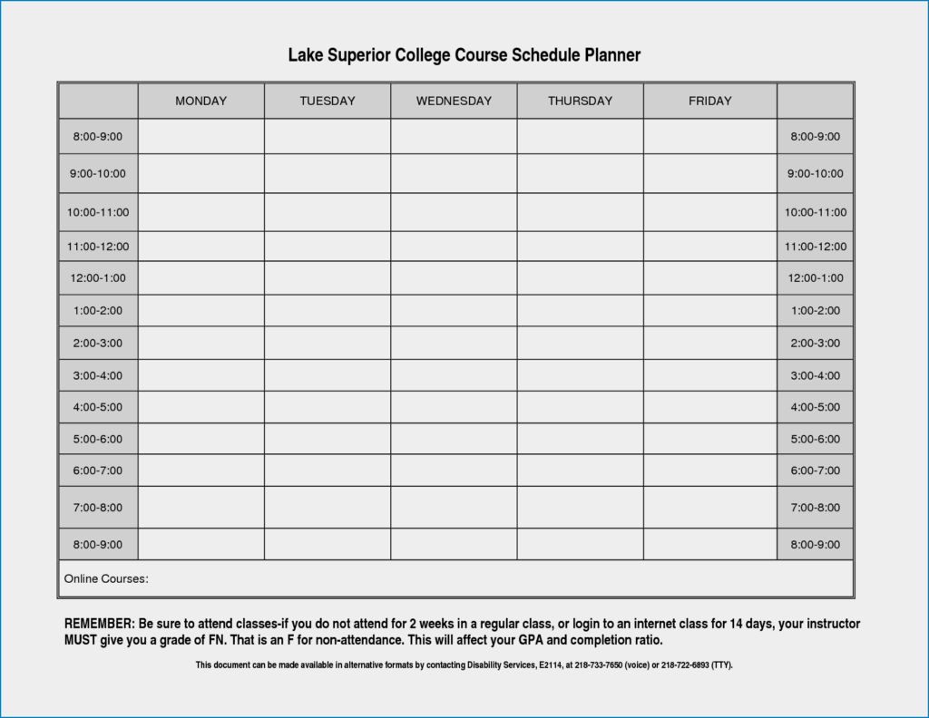 Free Printable College Class Schedule Template Templateral
