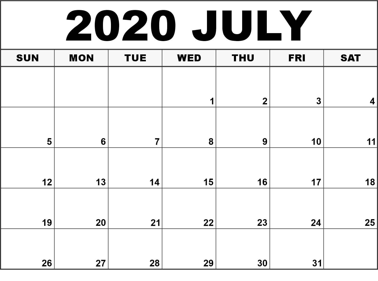 Free Printable July 2020 Calendar Printable Blank 